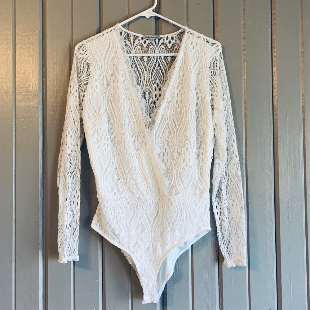 Women’s White Deep Plunge Lace Jumpsuit/Onesie